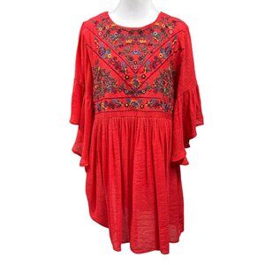 Umgee Floral Embroidered Boho Flare Ruffle Sleeve Tunic Mini Dress Sz M Red